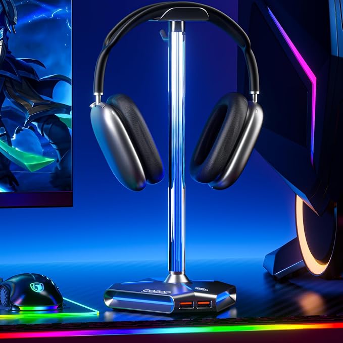 cozoo Desk headset stand Touch RGB Light Stand 4 Color Modes 2 USB Grey | Headphone Stand for Desk with 4 Fixed Colors & RGB Cycle Lighting,Built-in 2 USB2.0 Charging Ports, for Most Gaming Headsets by COZOO