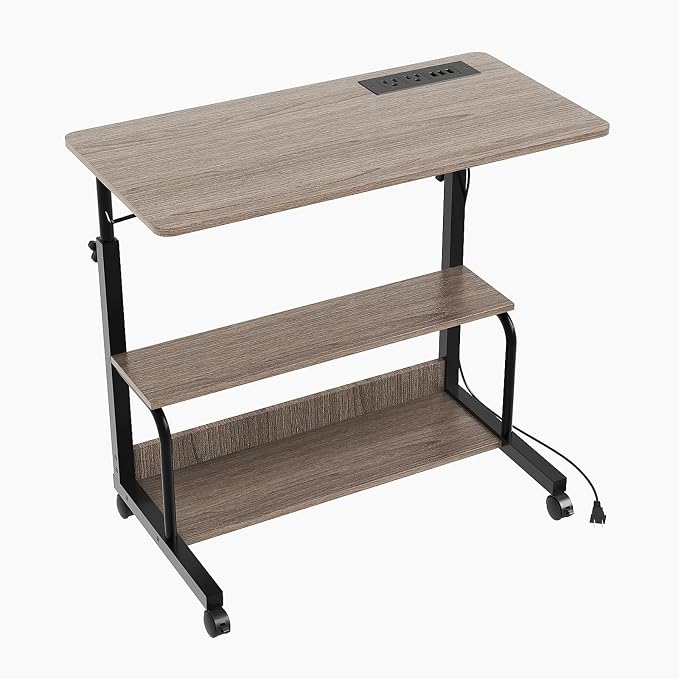 FCH 31.5" Mobile Small Standing Desk, Adjustable Height Mobile Computer Desk, w/2 AC Outlets + 3 USB Ports & Hooks, Storage Shelves, Suitable for Gaming, Studying, Home Office, Gray - Image 8