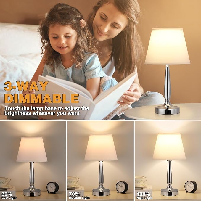Kakanuo Touch Table Lamp for Bedroom, Small Bedside Lamp with USB C Charging Port, 3 Way Dimmable Touch Control Nightstand Lamp for Living Room and Office, White Shade and Silver Base - Image 3