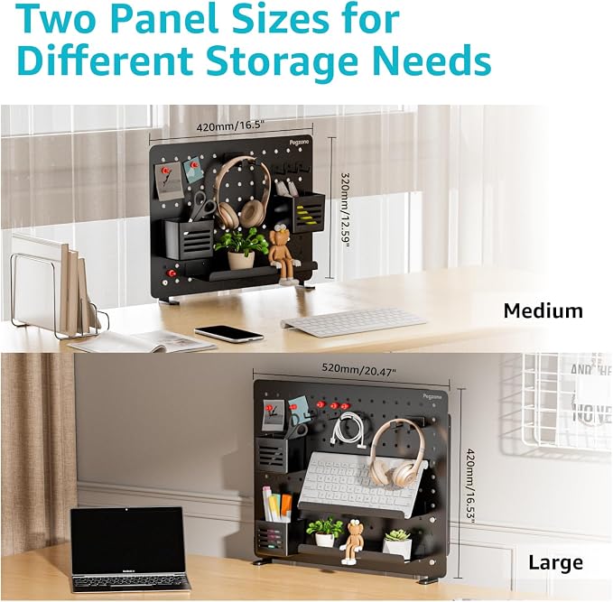 PEGZONE Clamp on Desk Pegboard, 20.4" x 16.5", with 15 Accessories, Black | Magnetic Metal Peg Board, Desk Organizer for Office Gaming Home, Privacy Panel, Large - Image 3