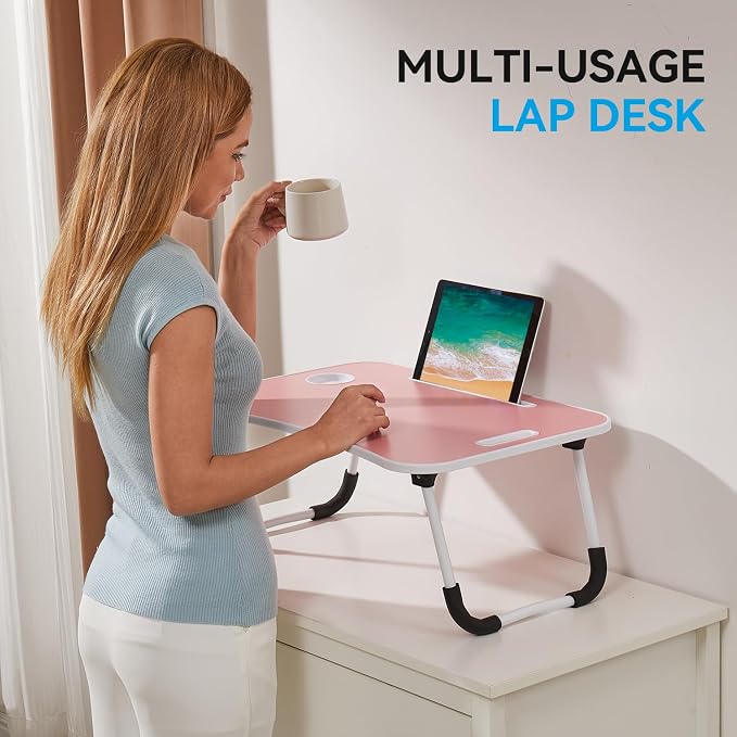 BUYIFY Folding Lap Desk, 23 Inch Portable Wood Blue Laptop Bed Desk Lap Desk with Cup Holder, for Working Reading Writing, Eating, Watching Movies for Bed Sofa Couch Floor-Pink 02 - Image 6