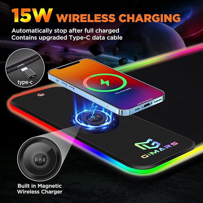 Gimars RGB Gaming Mouse Pad,15W Wireless Charging Mousepad with 10 Light Modes, Large Mousepad with Premium Smooth Surface, Non-Slip Mouse Mat for Gaming, Desk, PC,Office, 31.5x11.8x0.16inch - Image 2