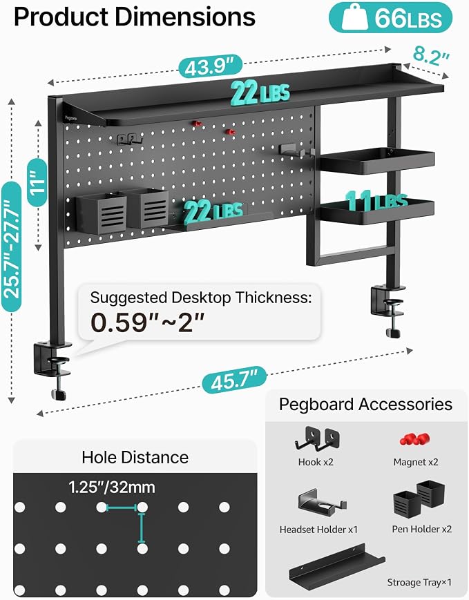 PEGZONE Clamp on Desk Shelf, 44" Desktop Shelving System, Black | with Pegboard and Accessories, Desktop Organizer with 2-Tier Shelf, Desk Pegboard for Office Home Gaming - Image 3