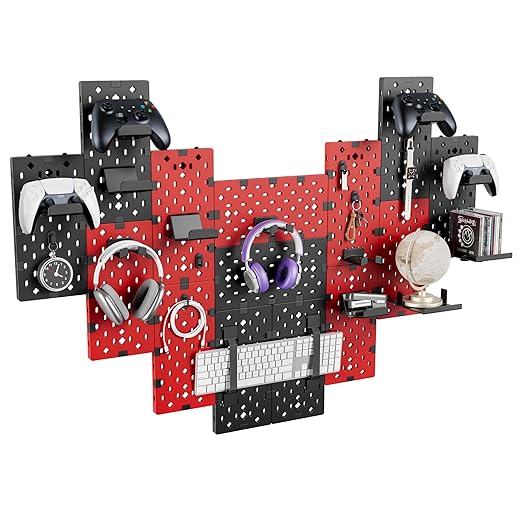 PEGZONE Controller and Headphone Holder Wall Mount, 14pcs, Black & Red | Modular Gaming Pegboard with Accessories, Controller Stand, Disc Shelf Organizer by Pegzone