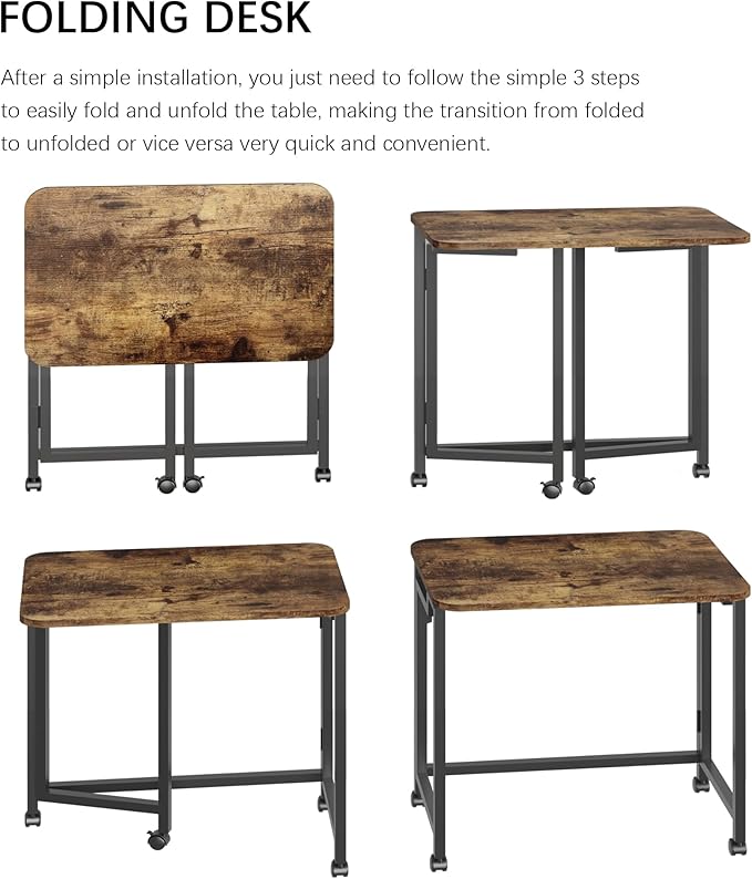 JSB Folding Desk for Small Spaces,Mobile Portable Rolling Laptop PC Table on Wheels,Foldable Computer Desk for Home Office,Bedroom,Dorm,Space Saving (Rustic & Brown, 27.6") - Image 4
