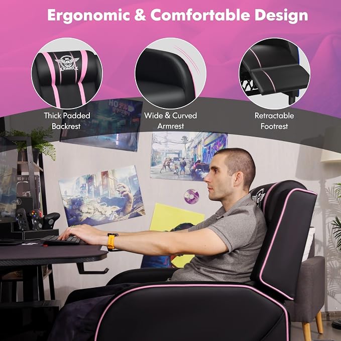 GYMAX Gaming Recliner, Massage Gaming Chair w/Adjustable Footrest, Remote Control & Side Pocket, Ergonomic Game Lounge Chair, Racing Style Single Theater Seat Game Sofa for Adults (Pink) - Image 6