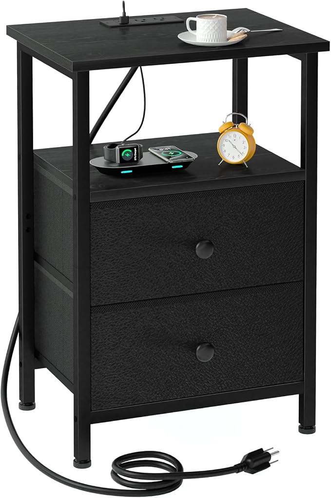 LOAKEKEL Night Stand, Small Nightstand with Charging Station by LOAKEKEL