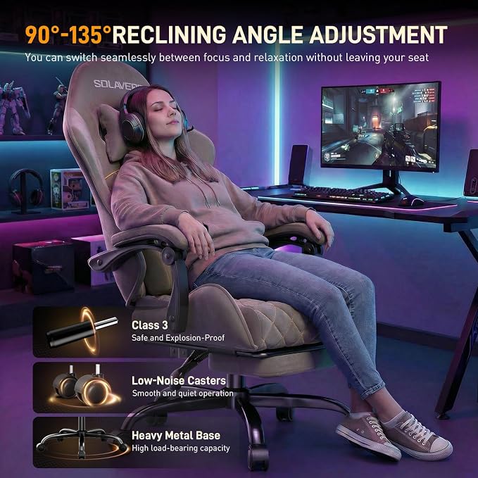 HLDIRECT Massage Recliner Gaming Chair with Footrest for Adults, Brown | 300lbs Capacity, Ergonomic Office Computer Chair, Lumbar Support, Breathable Fabric, Headrest, 360° Swivel, Metal Frame - Image 4