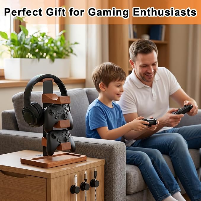 Headset Stand with Dual Controller Holder, Solid Wood | Headphone Stand with Storage Base, Gaming Equipment Accessories for Desk, Controller Holder for Gamers - Image 5