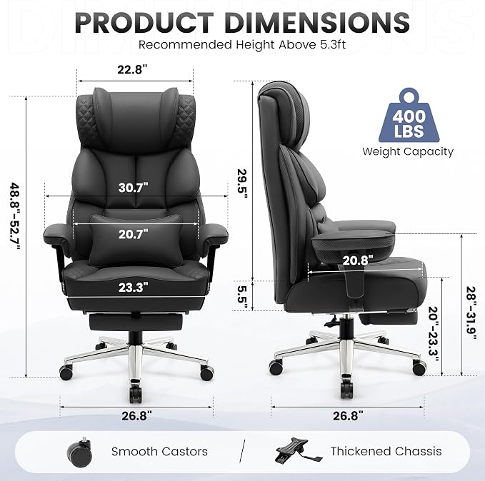 Office Desk Chair, Big and Tall Leather Gaming Chair with Footrest, Wide Ergonomic Comfy Executive High-Back Reclining Computer Chairs, Swivel Rolling Wheels and Padded Lumbar Support, Black Updated - Image 2