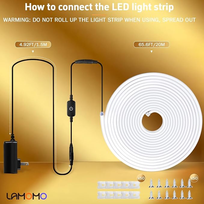 Lamomo Neon Rope Light, 24V Warm White Dimmable Rope Lights, 65.6ft Waterproof Flexible LED Strip Lights, Silicone 3000K Neon LED Strip for Bedroom Indoor Outdoor Decor - Image 7