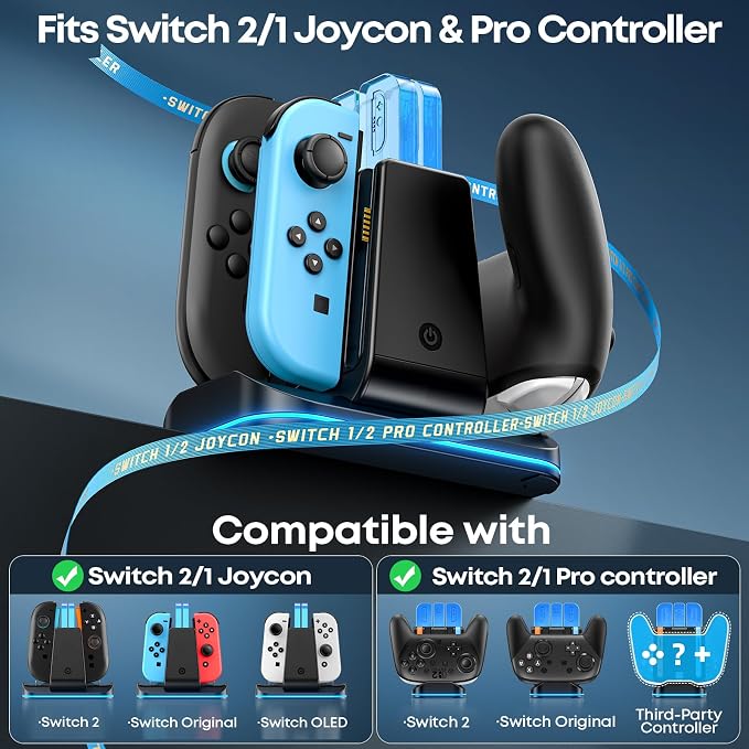 Switch 2/1 Compatible Controller Charging Dock, 6-in-1 Charger Station for 4 Joy-Cons & 2 Pro Controllers, 9 RGB Modes Fast Charging Stand for Switch 2 Accessories, with LED Indicator - Image 2