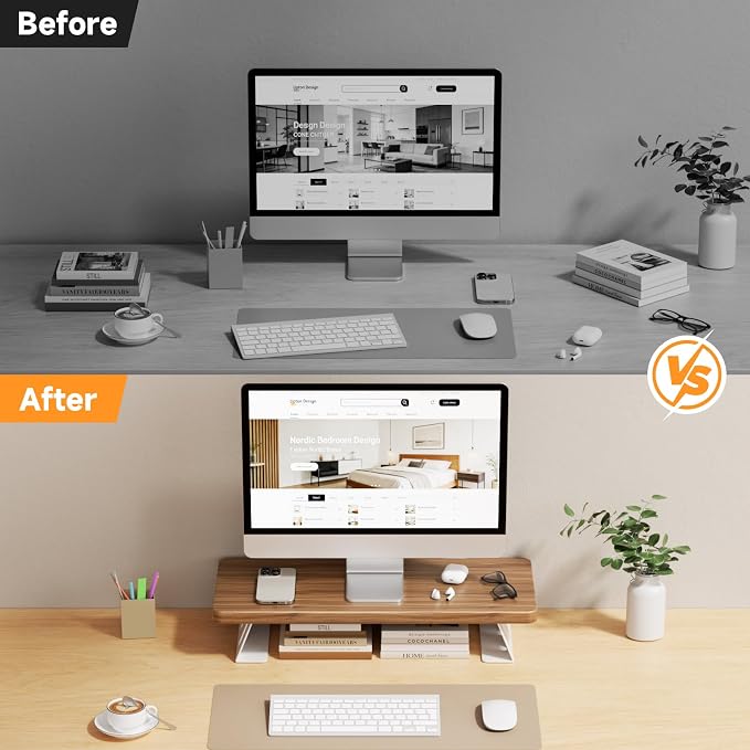 Monitor Stand Riser, 24 Inch Wood Desk Monitor Riser for Laptop/PC/Printer | Computer Monitor Stands with Storage for Desk, Desktop Stands Organizer for Home Office, Holds 220 LBs Load, Light Walnut﻿ ﻿ - Image 8