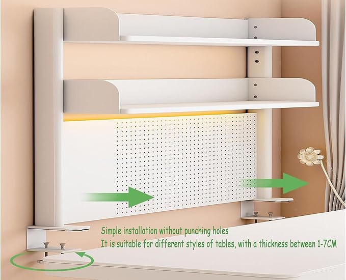 31.5 Inch Clip-on Desktop Organizer Bookshelf with Pegboard, Desk Shelf Organizer, Multipurpose Computer Desk Desktop Bookshelf, Desk Extender Pegboard Clamp, Desktop Display (White) - Image 5