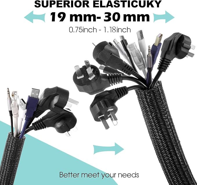 AGPTEK Cable Sleeve, 6.6ft - 1.2 inch Cable Management Cord Hider, Black - Image 2