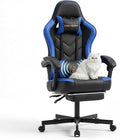 Desk Computer Gaming Chair - High Back Ergonomic Office Chair with Footrest and Lumbar Support, Swivel Comfy Home Gamer Video Game Chairs with Pocket Spring Cushion for Adults (Blue Leather) by KslysutyFurniture