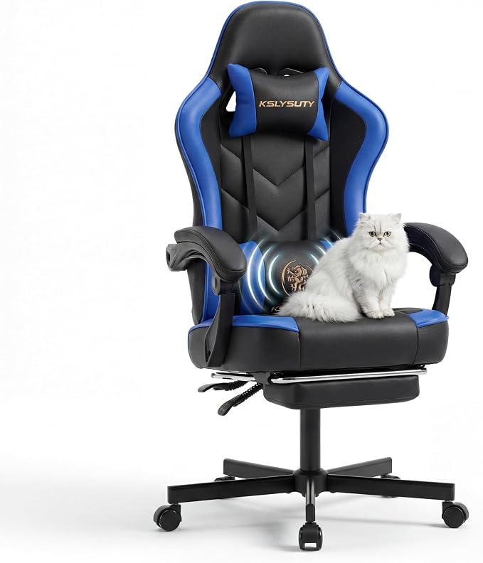 Desk Computer Gaming Chair - High Back Ergonomic Office Chair with Footrest and Lumbar Support, Swivel Comfy Home Gamer Video Game Chairs with Pocket Spring Cushion for Adults (Blue Leather) by KslysutyFurniture