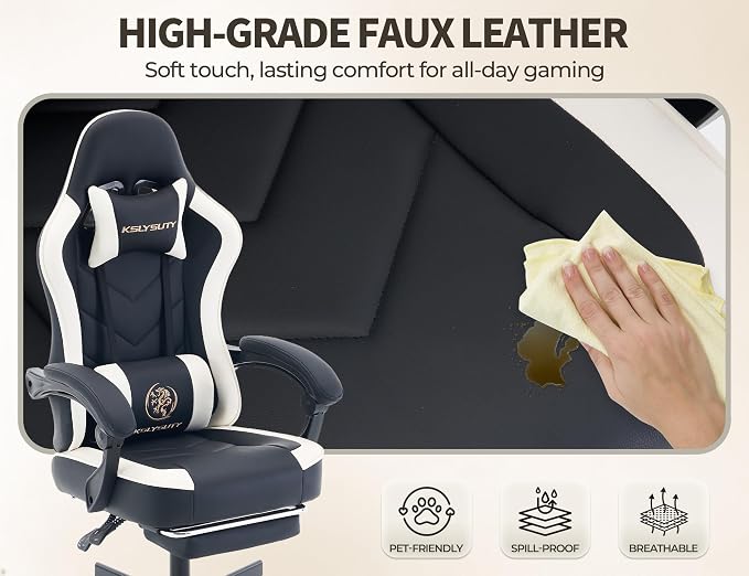 Office Desk Computer Gaming Chair for Adults, Ergonomic High Back Gamer Chair with Massage and Pocket Spring Cushion, Swivel Comfy Video Game Chairs with Footrest and Lumbar Support (Black White) - Image 8