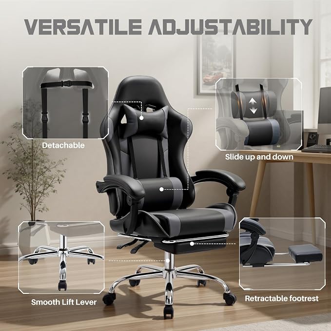 DUMOS Ergonomic Gaming Chair with Footrest, Home Office Desk Chair | PU Leather, Headrest, Linkage Armrests, Height Adjustable, 360 Swivel Reclining, Black Grey - Image 5