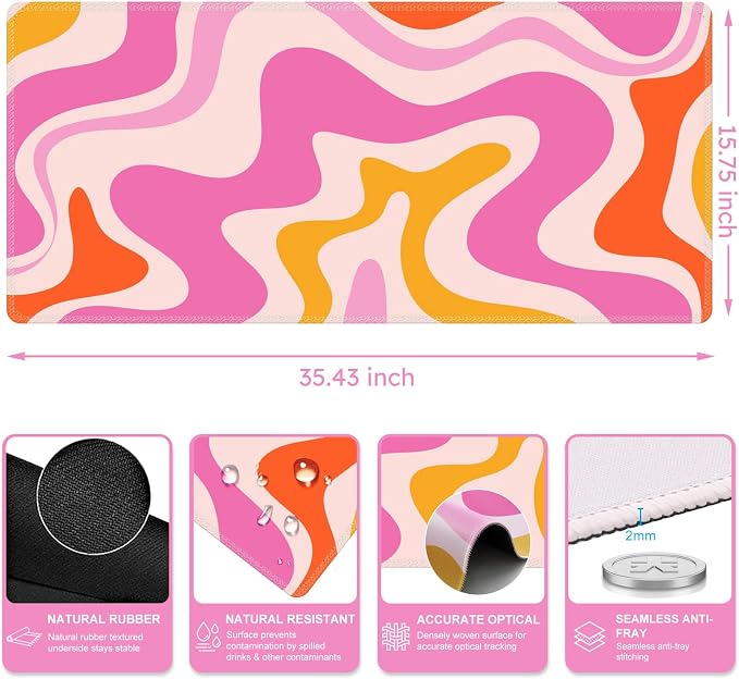 iCasso Large Mouse Pad (35.4x15.7 in), Keyboard Mouse Mat Desk Pad for Work | Desk Mat Gaming Mousepad with Stitched Edges, Game, Office, Home-Pink Topographic - Image 2