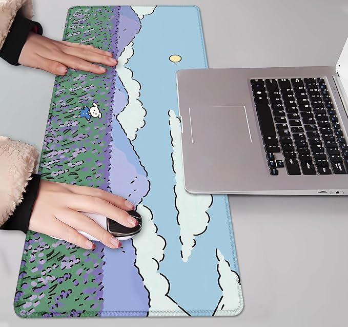 IMAYONDIA Anime Lavender Desk Mat Cute, Green Purple Blue XL Large Gaming Mouse Pad for Laptop, Kawaii Landscape Japanese Deskmat, Mousepad Computer Pad, 31.5 X 11.8 Inch - Image 7