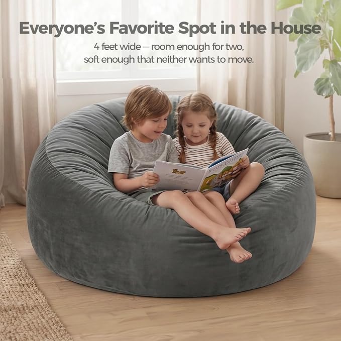 ACH 4ft Bean Bag Chair for Adults, Large Oversized Memory Foam Floor Chair, Machine Washable Velvet Cover, Living Room and Bedroom (Grey, Large) - Image 6