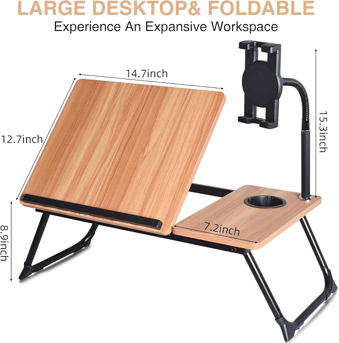 wishacc Lap Desk for Bed, Laptop Desk with Adjustable Tablet Stand, Sturdy Metal Frame Bed Desk, Foldable Laptop Bed Tray Table for Adults Couch Sofa, Portable Lap Desk for Laptop & Phone Slot - Image 8