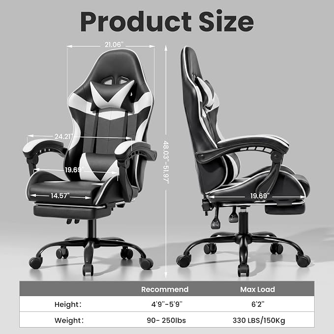Gaming Chair, Ergonomic Footrest, Lumbar & Headrest(Black White) | Steel frame, PVC leather & memory foam; 330 lb; 21" seat; 360° swivel, 90–155° recline; easy assembly; gaming & work - Image 3