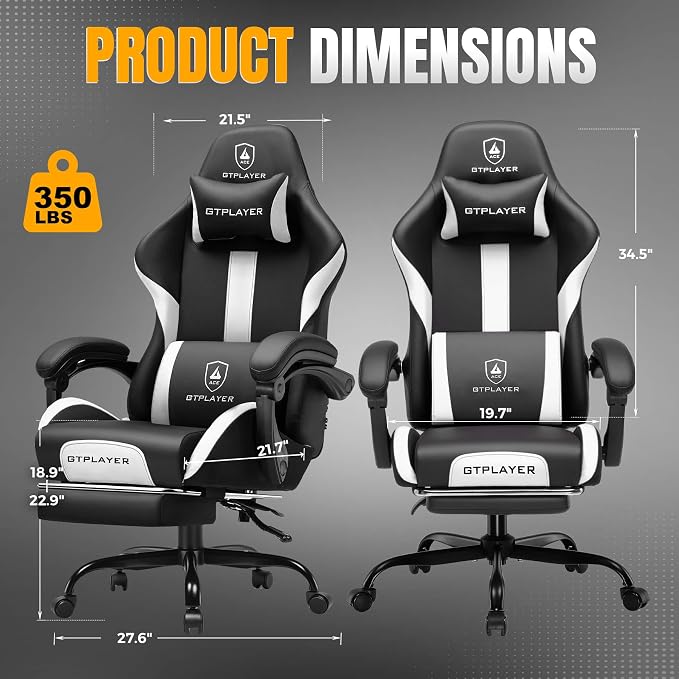 GTPLAYER Gaming Chair with Pocket Spring Cushion, Leather Office Chair with Ergonomic High Back & Lumbar Support for Back Pain Relief, Computer Game Chair for Adults, White/Black - Image 3