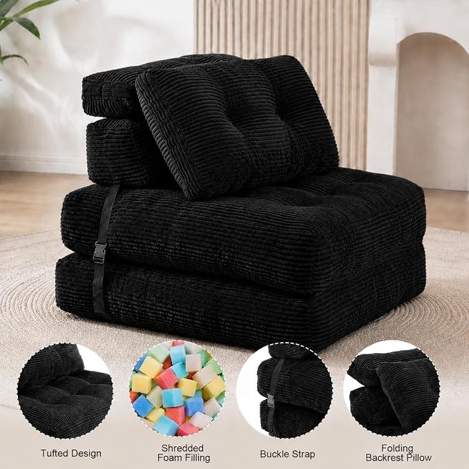 King Oasis Folding Sofa Bed, Corduroy Chair Bed with Pillows | 3-in-1 Fold Out Floor Sofa Couch with Headrest and Lumbar Pillows，for Living Room, Bedroom, Apartment, Dorm, Black - Image 4
