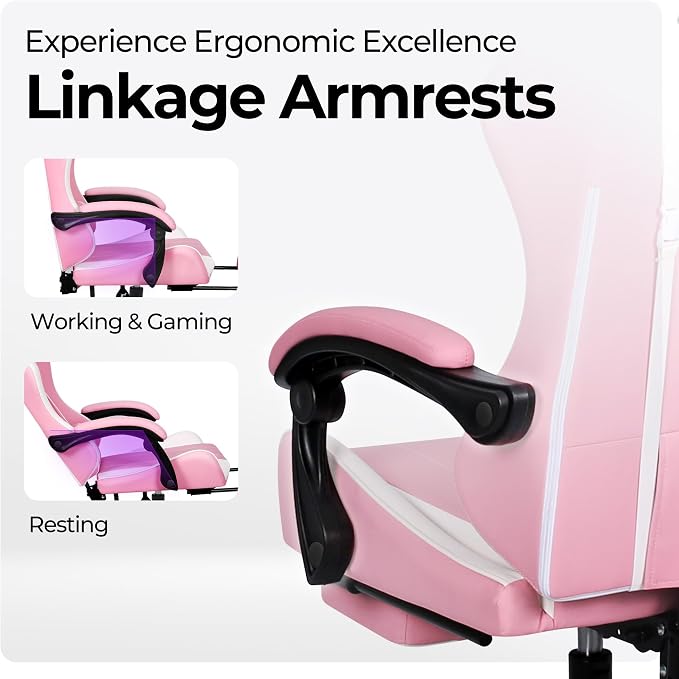 N-GEN GAMING Gaming Chair with Footrest, Lumbar, High-Back, Pink White | Reclining Backrest, Linkage Armrests, Durable PU Leather, Adjustable Comfort for Extended Computer, Desk, or Home Office Use - Image 6