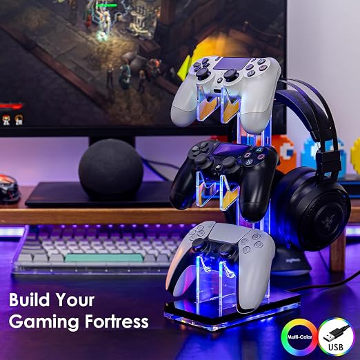 OAPRIRE RGB Controller and Headset Stand with 21 Light Modes, 3 Tier | Acrylic Game Controller Stand for Desk, Stabilized Base, Gamer Gift for PS5 PS4 Xbox Controllers, Desk Accessories, Black - Image 2