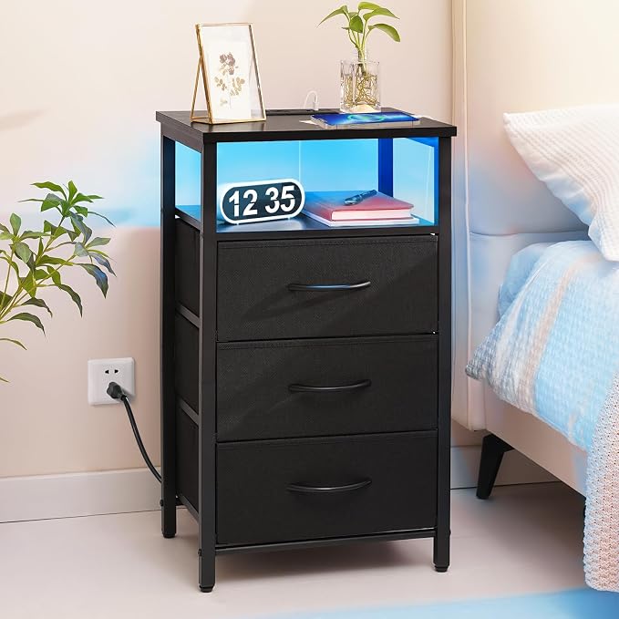 Yoobure Night Stand with Charging Station, LED White Nightstand for Dorm - Image 2