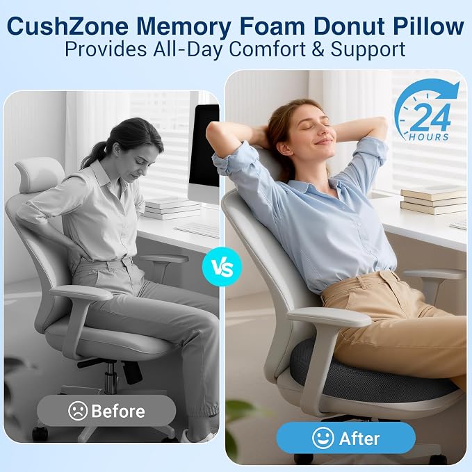 Donut Pillow Seat Cushion, Office Chair Cushion, Gray, Large | Ergonomic Design, Breathable Cover, for Tailbone Pain, Hemorrhoids & Long Sitting Hours, for Home & Office - Image 3