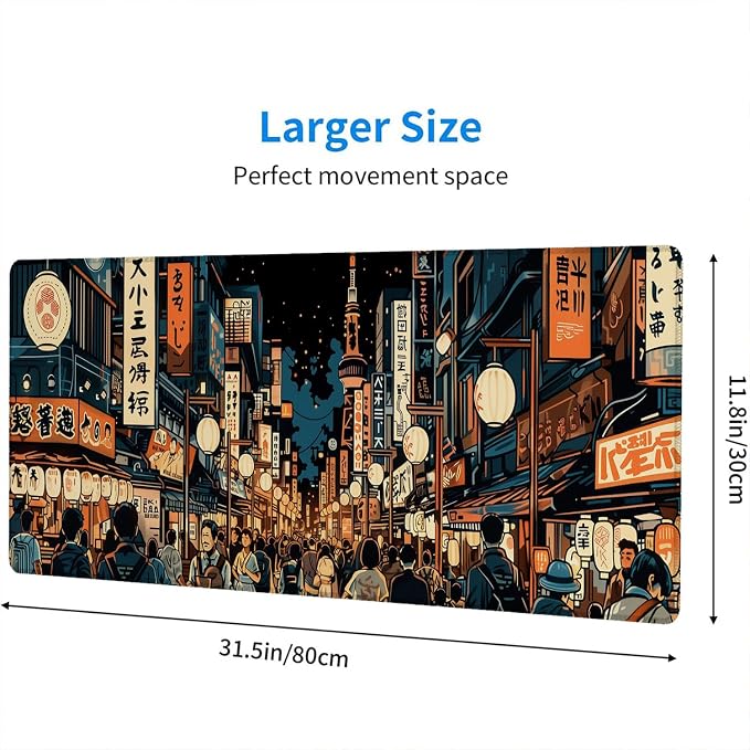Japanese Street Desk Pad Mouse Pad Anime Tokyo Night Market XL Mouse Pad Large Mousepad Extended Laptop Keyboard Mat Gaming Desk Pad Mouse Mat Office Computer Keyboard Laptop Home 31.5"x11.8" - Image 2