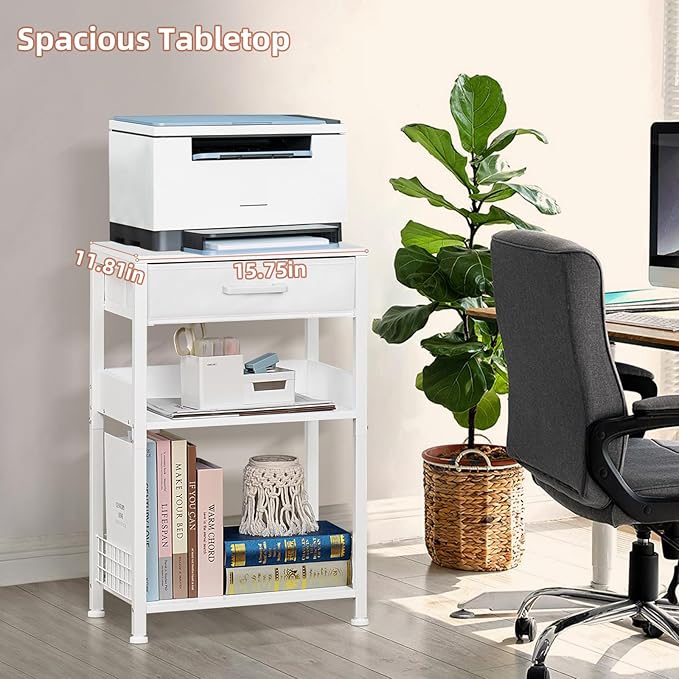 Lerliuo Printer Stand with Storage, 3-Tier Printer Table with Drawer, White - Image 5
