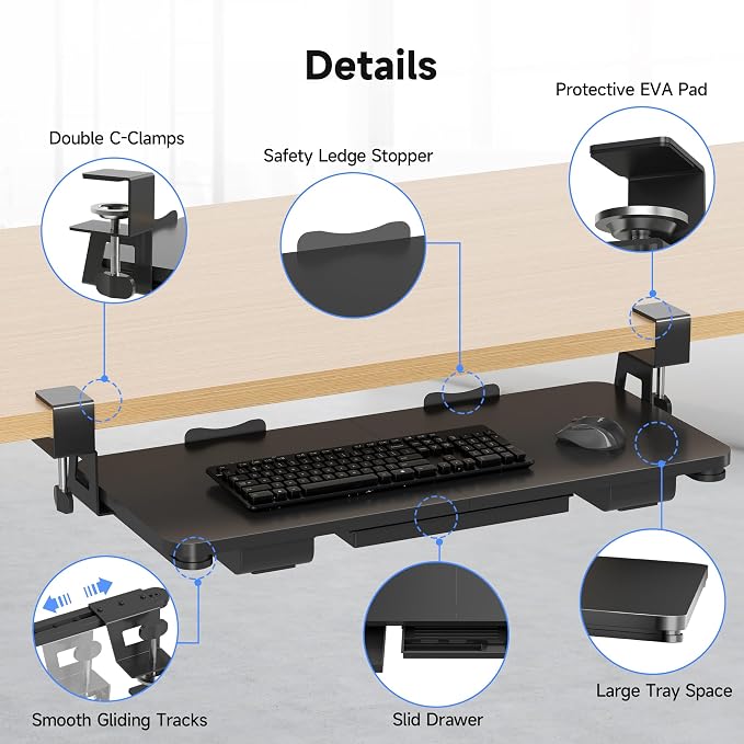 XINLEI Keyboard Tray Under Desk with Storage Drawer Large C-Clamp 26.7”(31” Including Clamps) x 11.8” Slide-Out Platform Computer Drawer Pull Out Keyboard & Mouse Tray DSF7CT - Image 4