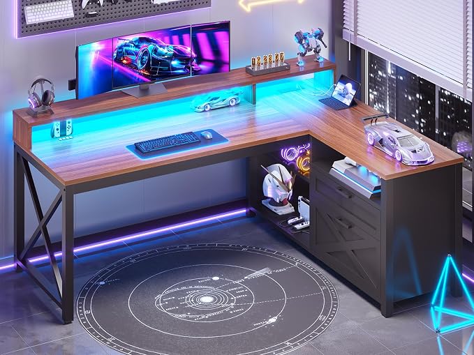 SEDETA L Shaped Gaming Desk with Drawers, 55" Farmhouse Computer Desk with File Drawer and Storage Shelves, Corner Gaming Desk with LED Lights and Monitor Shelf, Black and Brown by SEDETA