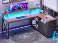 SEDETA L Shaped Gaming Desk with Drawers, 55" Farmhouse Computer Desk with File Drawer and Storage Shelves, Corner Gaming Desk with LED Lights and Monitor Shelf, Black and Brown by SEDETA