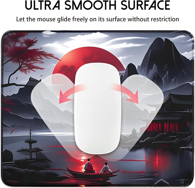 FreeNook Small Gaming Mouse Pad, Anime Black Mousepad with Stitched Edges, Expanded Cool Desk Mat, Japanese Red Moon Keyboard Mat Suitable for Home Office,10.2 X 8.3 Inch - Image 5