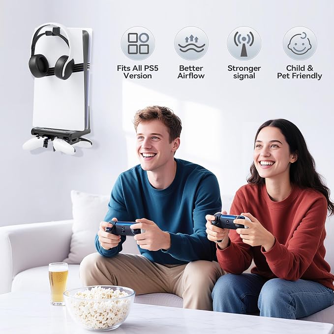 P5 Wall Mount Kit with Controller Holder Compatible with P5/Slim/Pro Disc & Digital, Pa5 Mount Floating for Gaming Accessories, Compact Pa5 Vertical Wall Shelf Organizer Bracket with Headphone Hook - Image 7