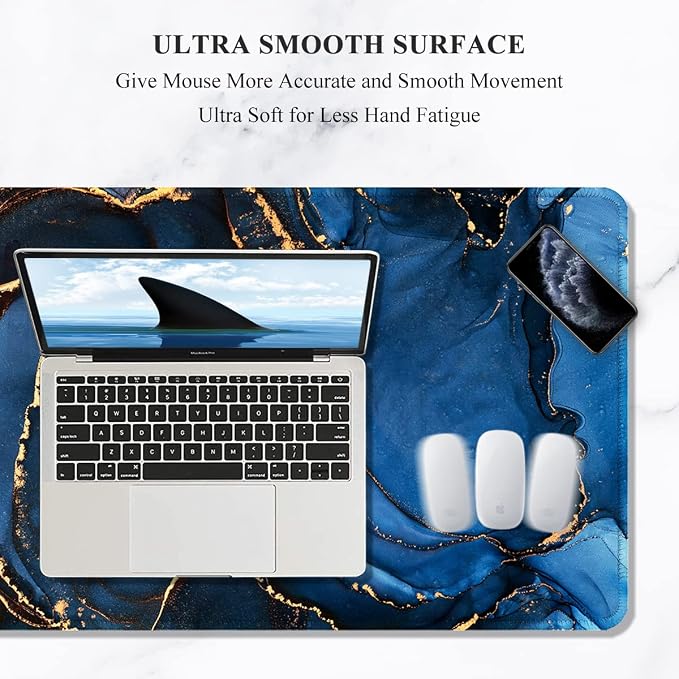 Auhoahsil Large Mouse Pad, XXL Desk Pad, Extened 35" x 15", Non-Slip Rubber Base, Stitched Edges, Superior Surface, Waterproof Keyboard Mat, Large Mousepad for Gamer, Office & Home, Dark Blue Marble - Image 3
