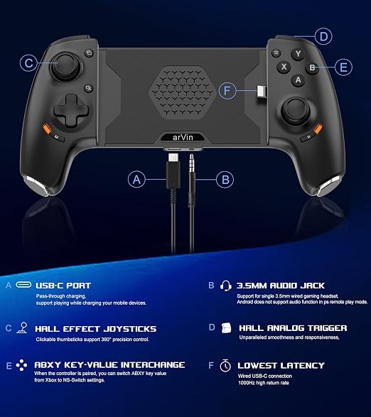 Mobile Gaming Controller for Android and iPhone 17/16/15 Series (USB-C) PS Remote Player Gamepad for PS5/PS4/Xbox/PC with Hall Joysticks/Hall Trigger/3.5mm Audio Jack/Cloud Gaming Controller, Plug & Play - Image 2