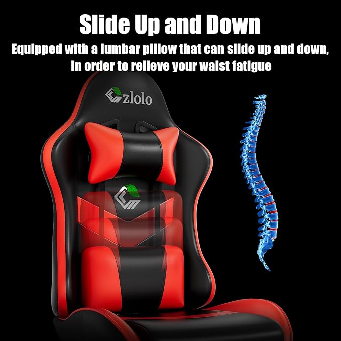 Czlolo Gaming Chair, Ergonomic Office Computer Chair with Footrest and Lumbar Support Massager High Back Video Gamer Chair, Wide＆Thick Cushion, 90°-135° Recline, Adjustable Height, Crimson - Image 4