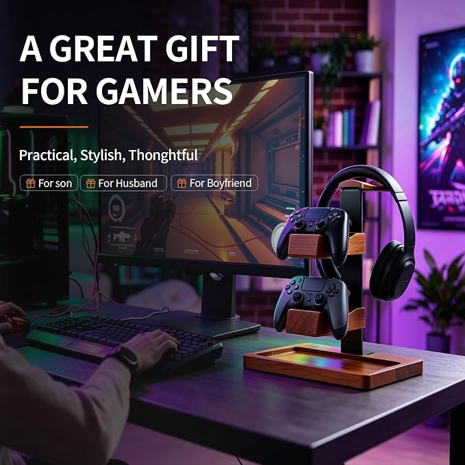 Headset Stand with Gaming Controller Holder, Wood Headphone Stand with Storage Base, Gaming Equipment Accessories for Desk - Image 7