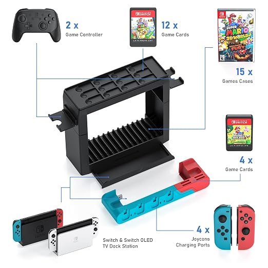 Switch Game Storage with Controller Charger for Nintendo Switch & OLED Model, Switch Charging Dock Charges 6 Joycons, Switch Gaming Accessories Holder Desk, Switch Game Gift Card Organizer (Red＆Blue) - Image 4