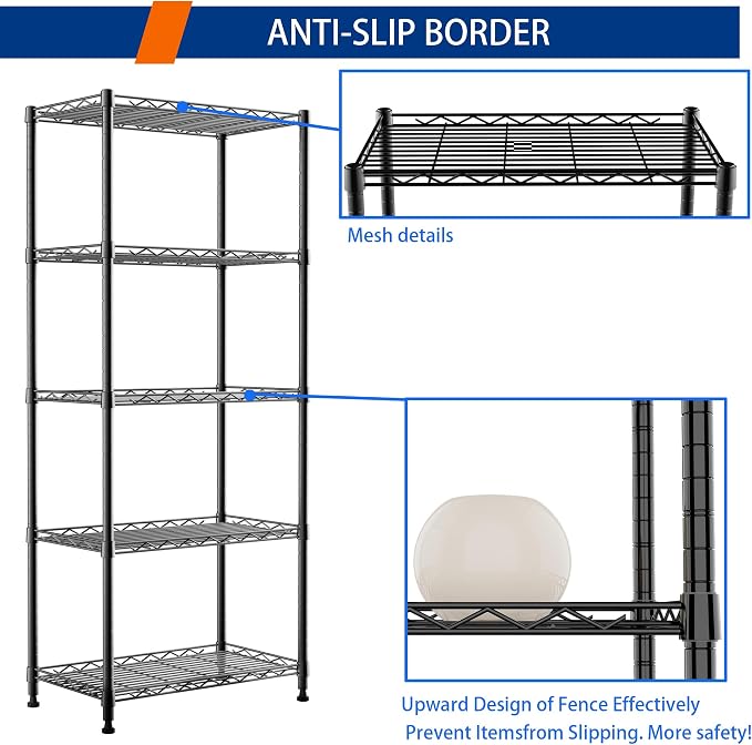 REGILLER 5-Wire Shelving Metal Storage Rack Adjustable Shelves,Standing Storage Shelf Units for Laundry Bathroom Kitchen Pantry Closet(Black,11.8" D x 21.2" W x 53.5" H) - Image 5
