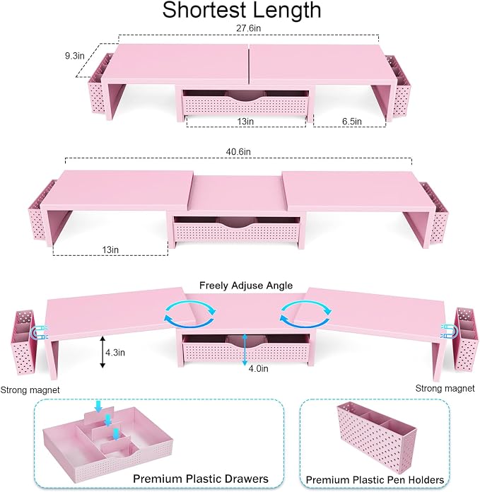 gianotter Dual Monitor Stand Riser With Drawer and 2 Pen Holders | Computer Monitor Stand Desk Organizer and Accessories Desk Shelf for Top of Desk (Pink) - Image 4