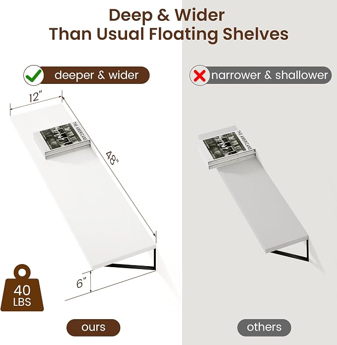 Axeman Floating Shelves for Wall White - 48 Inch Wide x 12 Inch Deep Wall Shelves Set of 2 - White Deep Wood Floating Shelves for Living Room Bedroom Laundry Room - Image 4