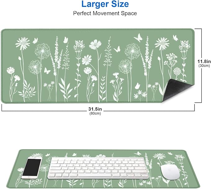 IMAYONDIA Cute Sage Green Desk Mats Mousepad, Plant Floral Anime Deskmat, Aesthetic Desk Pad, Minimalist Mint White Leaves Large Gaming Mouse Pad, Decor Accessories, 31.5 X 11.8 - Image 2